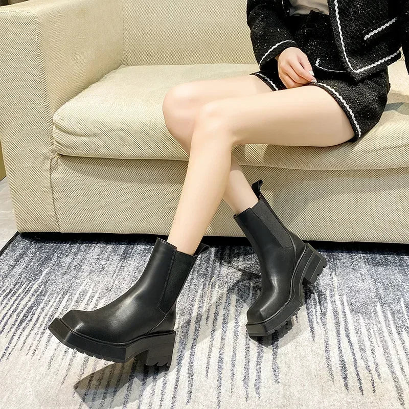 Lbsfy Genuine Leather Women Boots Square Toe Chunky Heel Chelsea Boots Non-slip Comfort Brand Platform Chelsea  Ankle Boots Women