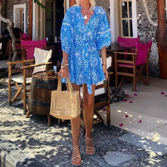 LBSFY  -  Holiday Beach Printed Boho Mini Dress Women Spring Single Breasted Belt Shirt Dress Autumn Half Sleeve Hollow A-Line Party Dress
