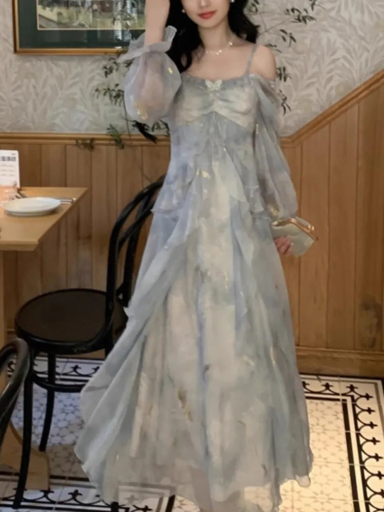 LBSFY -Autumn French Fashion Print Fairy Long Dresses Women Elegant Ruffles A-Line Party Birthday Vestido Female One Piece Clothes New