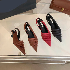 LBSFY  -  Summer Women Sandals Pointed Toe Black Brown Red Elastic Back Strap Thin Mid Heels New Arrivals 2024 Black Brown Red Pumps 35-39