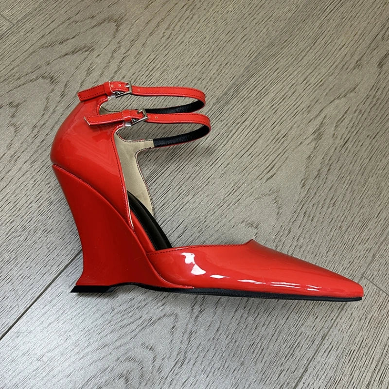 LBSFY  -  Red Pointed Toe Buckle Wedge Sandals Ladies Brand Designer Sexy High Heels Party Dress Pumps Summer Mary Jane Shoes for Women