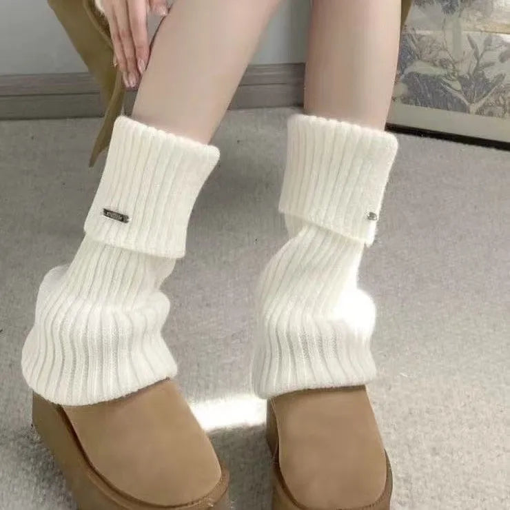Lbsfy 1 Pair White Black Women Pleated Pile Metal Tags Socks Japanese Style Lolita Girls Autumn Winter Loose Striped Ankle Socks