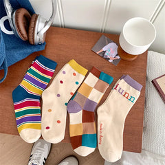 Lbsfy Women's Socks Cotton Vintage Harajuku Street Spring Autumn Winter Polka Dot Striped Plaid Japanese Style Short Crew Socks Girl