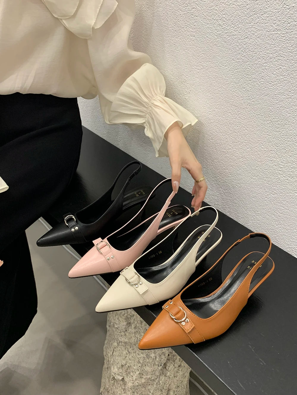 LBSFY  -  Black/Beige/Brown/Pink Women Sandals Pointed Toe Summer Dress Shoes Thin Mid Heels Back Strap Party Slides Mules Shoes 35-39