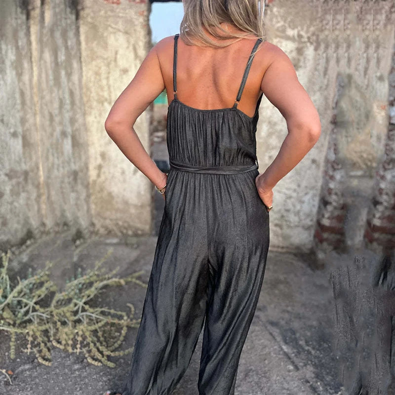 LBSFY  -  Spring Summer Sleeveless Boho Jumpsuits Women U Neck Button Pocket Sling Playsuit Summer Backless Wide Leg Pants Romper Overalls