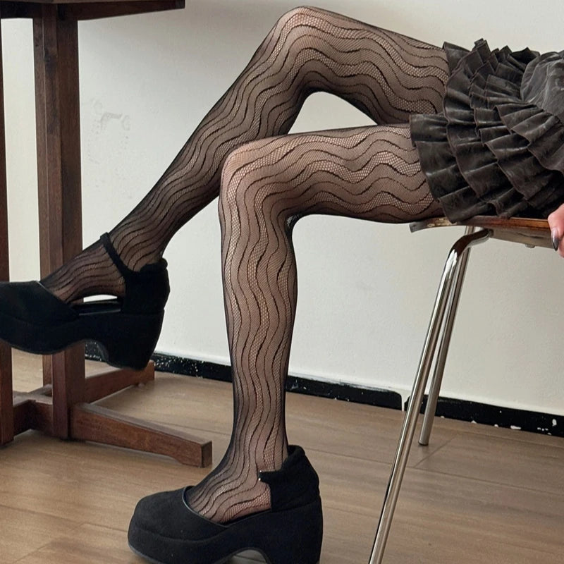 Lbsfy Women's Tights Elegant Sexy Wave Bottoming Stockings Ladies Hollow Out Lace Pantyhose Breathable Sheer Female Long Stockings