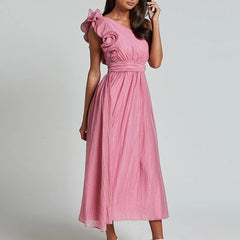 LBSFY  -  Sexy Slanted Collar Solid Long Dress Women Elegant Sleeveless Ruffle Pleated Party Dress Fashion Hight Waist Slim Evening Dress