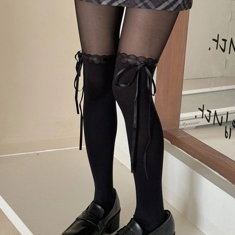 Lbsfy Lolita Styles Girls Tights Sweet Bow Kawaii Stockings for Women Semi-Transparent Pantyhose JK Students High Elastic Long Socks