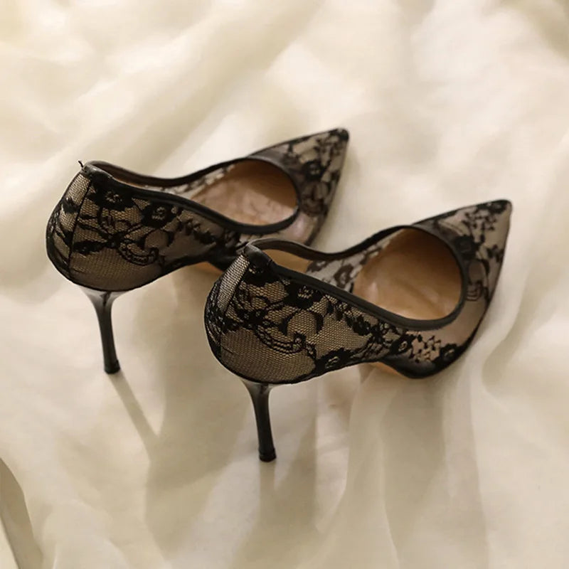 LBSFY  -  2024 Summer New Europe and The United States Sexy Slim High Heels for Women Slim Heel Shallow Mouth Pointed Lace Single Shoes