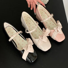 Lbsfy Butterfly-knot Sweet Mary Jane Shoes Women Elegant Chunky Dress Shoes Shallow Designer Pumps Buckle Square Toe High Heels Ladies