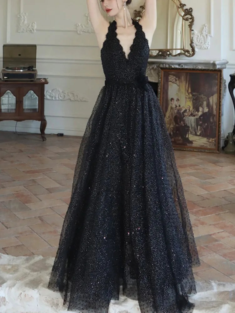 LBSFY -French Elegant Black Midi Women's Evening Dresses Mesh V-Neck Backless Halter Sequin Vestidos Spring Summer Prom Female Clothes