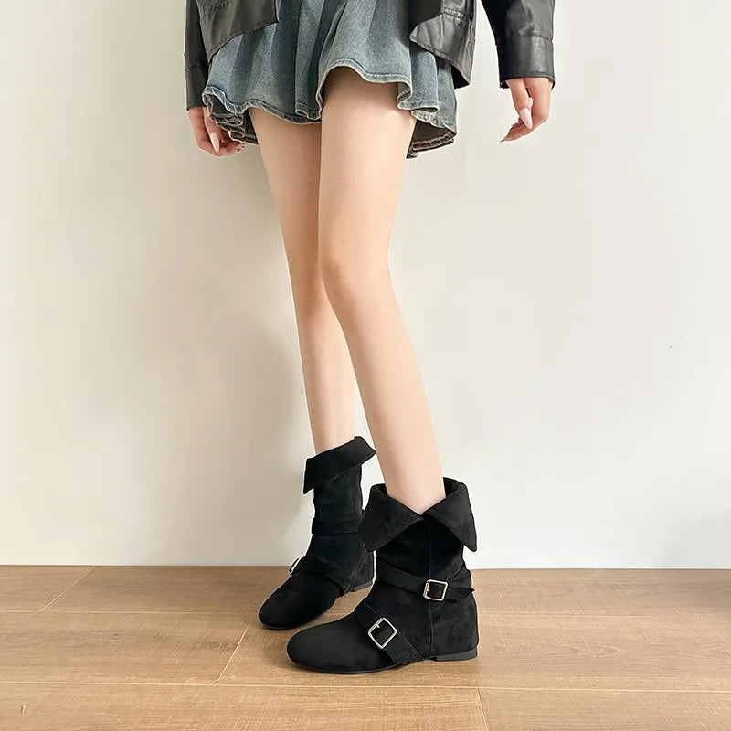 LBSFY -New Women's Vintage Suede Women Trouser Legs Boots Fashion Belt Buckle Slip on Shoes Autumn Winter Wedges Heel Ladies Long Boots