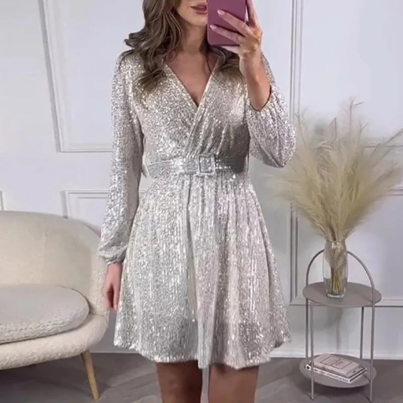 LBSFY  -  Fashion Sparkling Sequin Party Dress Elegant V-neck Lace-up Pleated A-Line Dress Women Casual Long Sleeve High Waist Short Dress