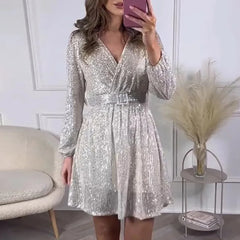 LBSFY  -  Fashion Sparkling Sequin Party Dress Elegant V-neck Lace-up Pleated A-Line Dress Women Casual Long Sleeve High Waist Short Dress