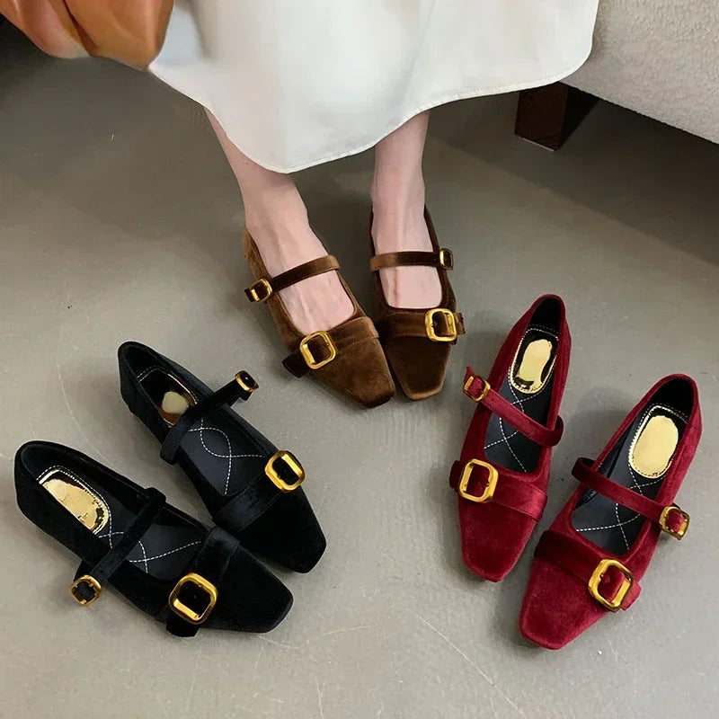 LBSFY  -  Flannel Retro Mary Janes Women Metal Buckle Low Heel Fashion Ballet Shoes Female Soft Sole Square Head Casual Mules Pumps Women