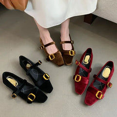 LBSFY  -  Flannel Retro Mary Janes Women Metal Buckle Low Heel Fashion Ballet Shoes Female Soft Sole Square Head Casual Mules Pumps Women