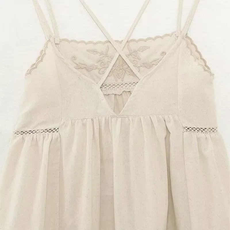 LBSFY -Fashion Embroider Linen Blended Casual Beach Dress Loose Backless Vacation Dress 2025 New Square Collar Fashion Vestidos