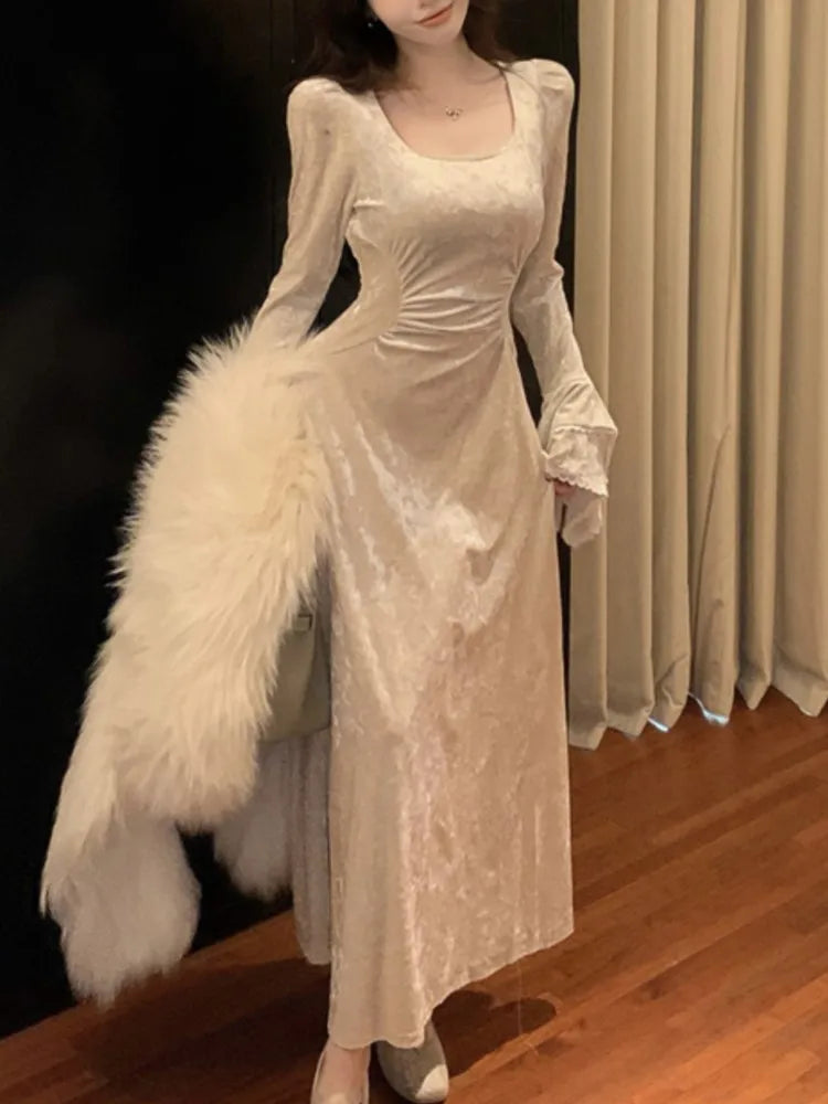 LBSFY -French Flare Sleeve Velvet Evening Dresses for Women Elegant Slim Waist Party Prom A-Line Vestidos Fashion Female Long Robe New