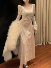 LBSFY -French Flare Sleeve Velvet Evening Dresses for Women Elegant Slim Waist Party Prom A-Line Vestidos Fashion Female Long Robe New