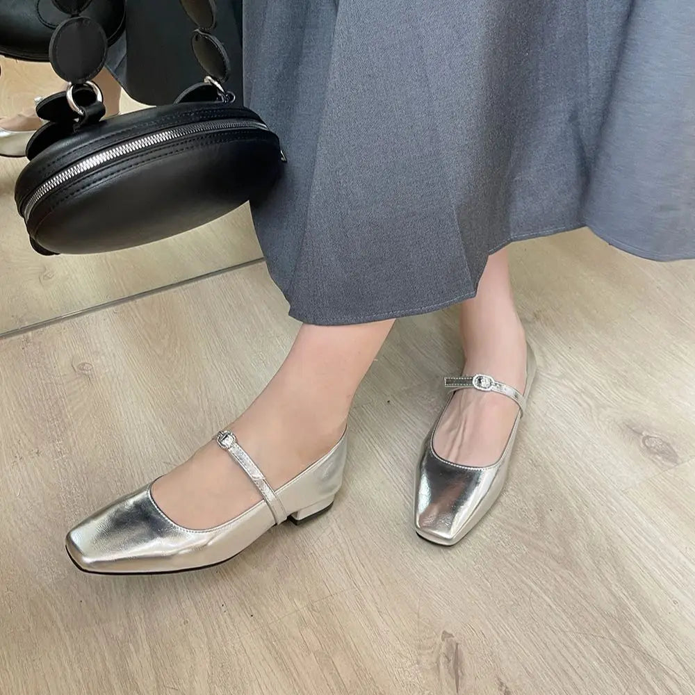 LBSFY  -  Round Toe Women Flats Loafers Black Brown Silver Belt Buckle 2024 New Arrivals Low Heels Dress Shoes Patent Leather Size 35-39