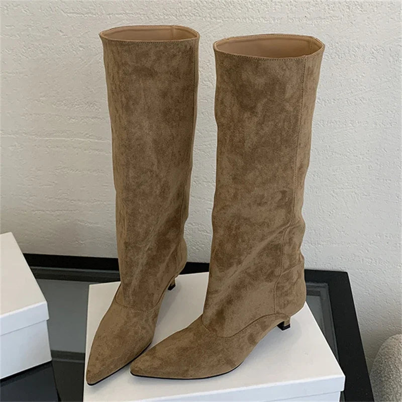 LBSFY -Winter Street Style Pointed Toe Knee-High Boots Women Low Heels Shoes Female Long Booties Zapatos De Mujer