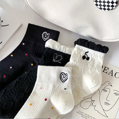 Lbsfy Women's Short Socks Spring Summer Love Cherry Embroidered Casual Cotton Low Tube Ruffle White Black Cute Kawaii Girl Cotton Sock