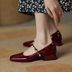 LBSFY -Elegant High Heels French Dress Party Shoes for Woman Platform Patent Leather Mary Jane Burgundy Black Square Toe Mid-heel Pumps
