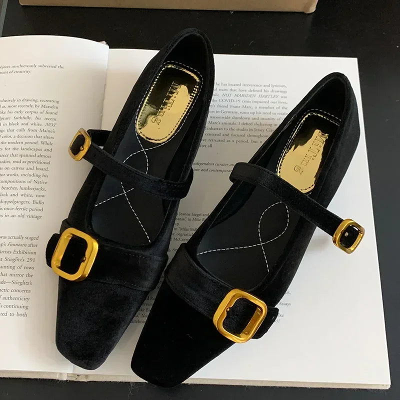 LBSFY  -  Flannel Retro Mary Janes Women Metal Buckle Low Heel Fashion Ballet Shoes Female Soft Sole Square Head Casual Mules Pumps Women