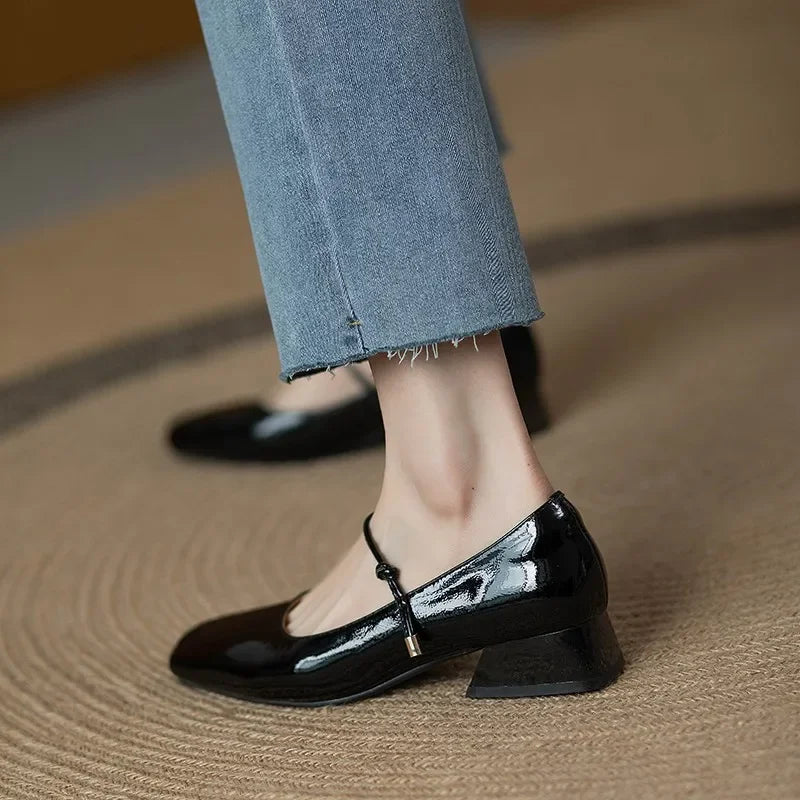 LBSFY -Elegant High Heels French Dress Party Shoes for Woman Platform Patent Leather Mary Jane Burgundy Black Square Toe Mid-heel Pumps