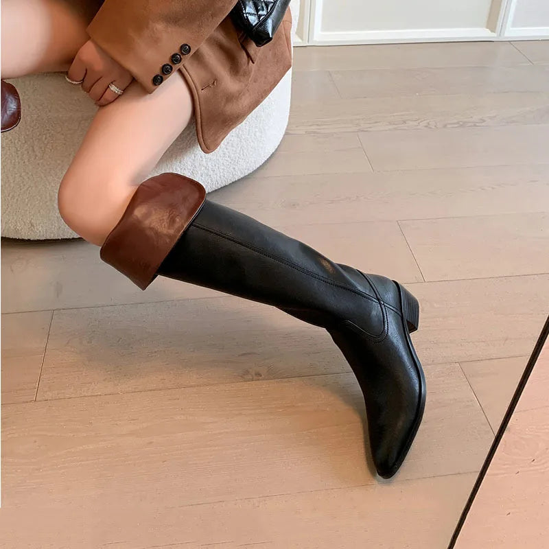 LBSFY  -  Angola Red Two Wear Cowhide Knee Over Boots New Pointed Coarse Heel Side Zipper Middle Heel Fashion Boots Large Boots