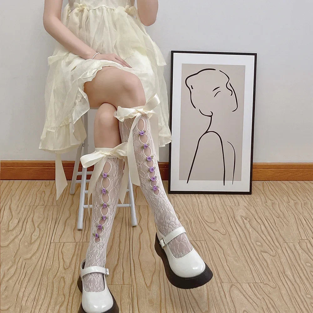 Lbsfy Cute Gothic Style Ruffles Hollow Bow JK Lolita Stockings Women Sexy Lace Mesh White Black Fishnet Knee High Long Socks Lingerie