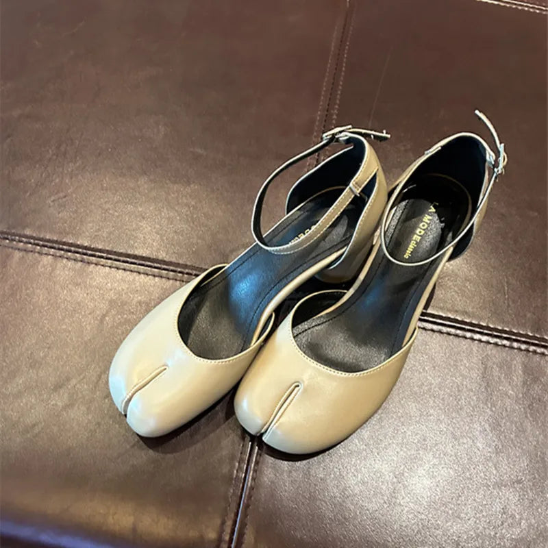 LBSFY -Fashion Tabi Ninja Women Shoes Round Split Toe Shallow Thick Heel Sandals Mid Heel Mary Janes Shoes Female Pumps Mujer