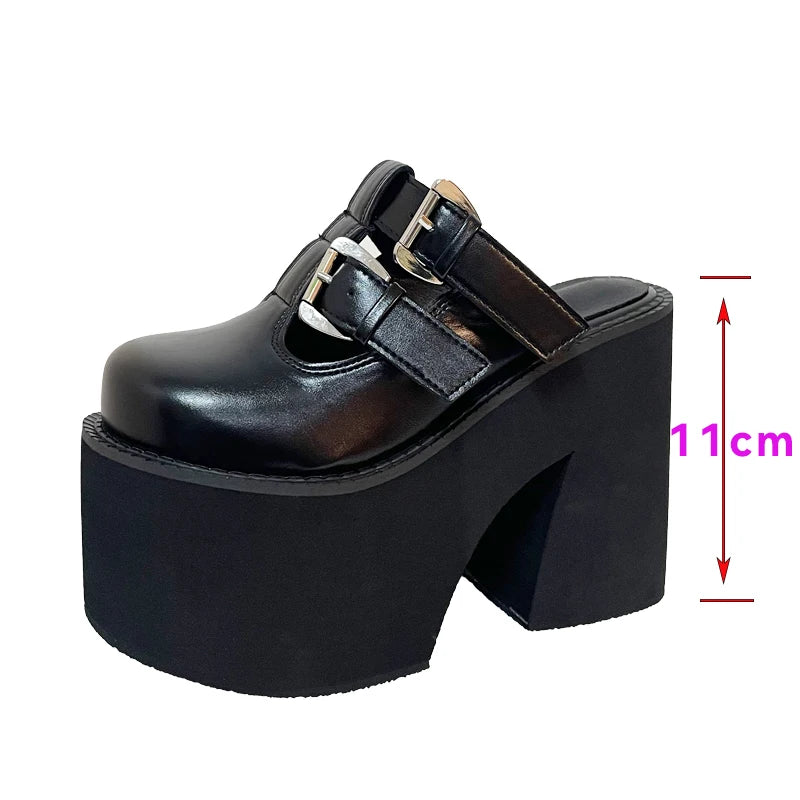 LBSFY -Black Chunky Heeled Slippers Women Platform Wedge Heels 11cm Punk Rivet Close Toe Summer Shoes Size 34-42 Femme Footwear