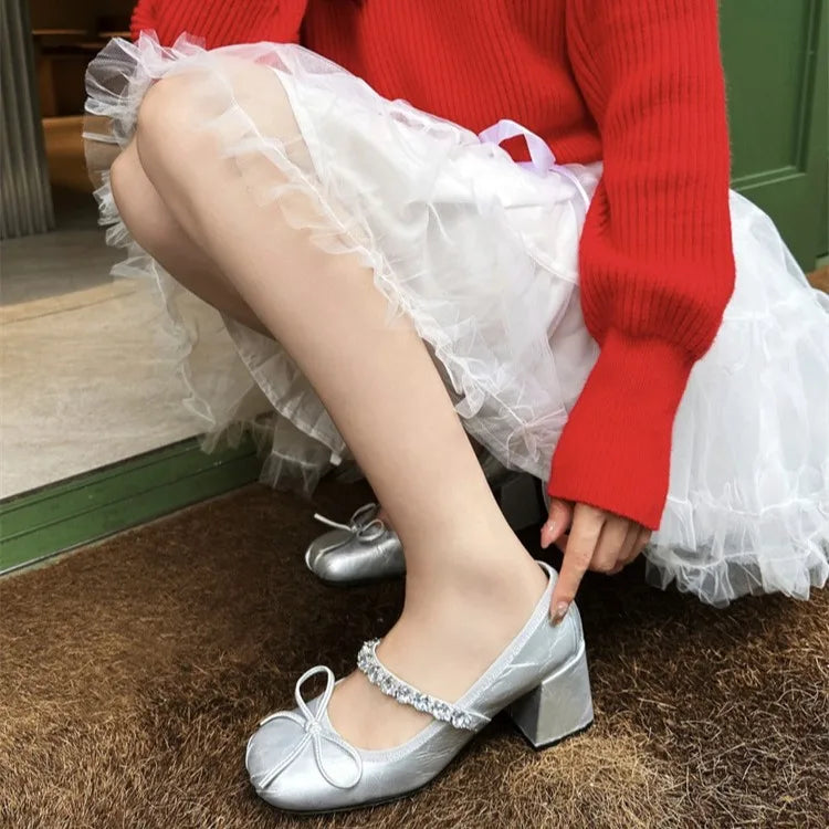 LBSFY  -  French Silver Bow, Thick Heel, Toe Cap Shoes, Women's Summer Outerwear, Mid Heel, Rhinestone, Mary Jane High-Heeled Sandals