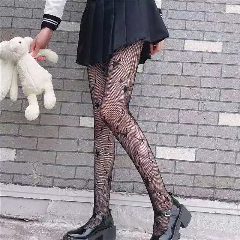 Lbsfy Lolita Girls Cute Pentacle Print Tights Women Sexy Gothic Punk Magical Five-Pointed Star Mesh Fish Net Pantyhose Body Stockings