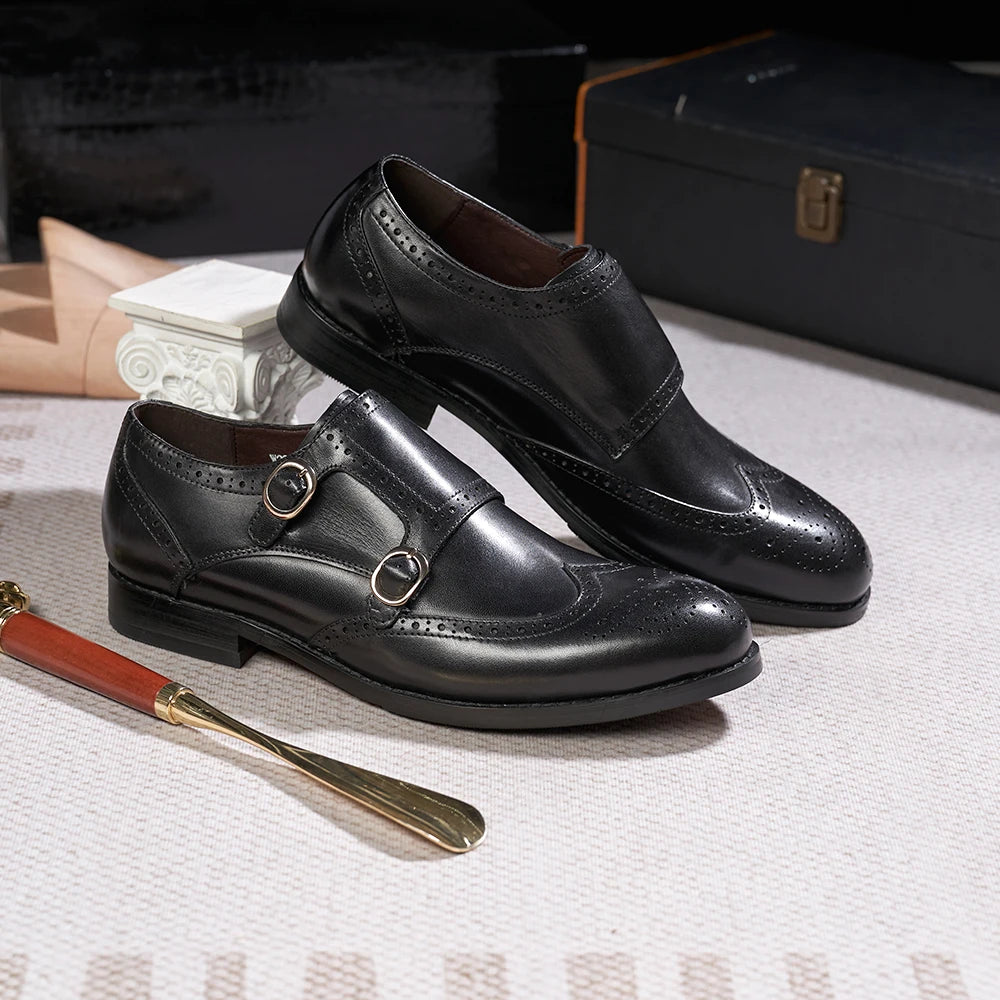 LBSFY  - Classic Brogue Men's Double Buckle Monk Strap Dress Shoes for Men Genuine Leather Wingtip Business Office Wedding Formal Shoes