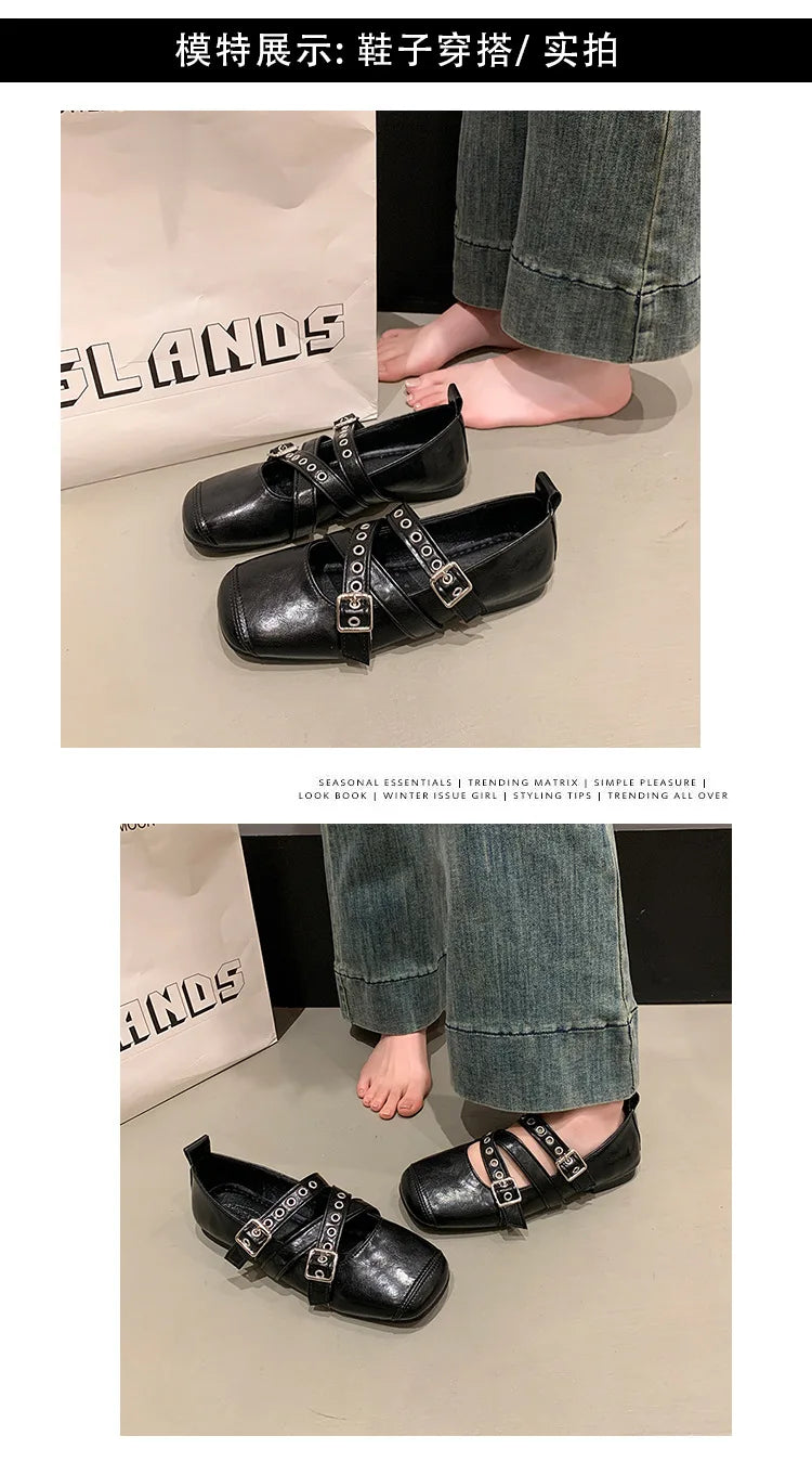 LBSFY -Designer Spring Women Mary Jane Shoes Fashion Square Toe Ladies Comfort Soft Sole Flats Women's Belt buckle Ballerinas Shoes
