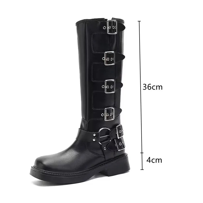 LBSFY  -  Ins style Fashion Metal Buckle Real Leather Women Motorcycle Boots Vintage Autumn Winter Gothic Platform Knee-high Boots Shoes