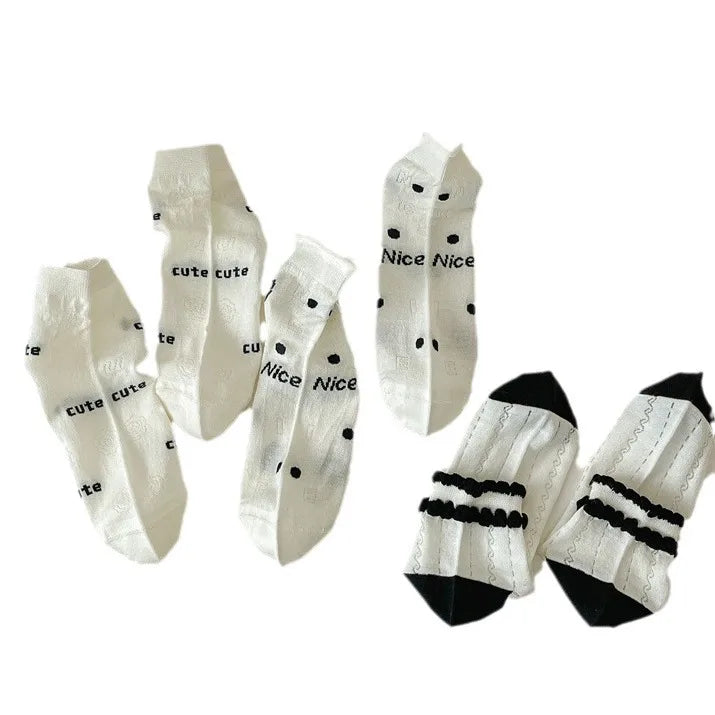 Lbsfy Women's Ankle Socks Spring Summer Black White Fashion Cute Kawaii Lolita Thin Cotton Mesh Breathable Low Tube Socks Calcetines