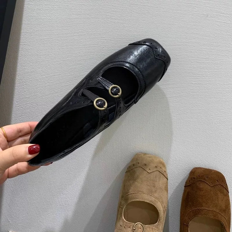 LBSFY -New Fashion Ladies Leather Flat Shoes Mary Jane Casual  Women Buckle Shoes Ladies Casaul Dress Low Heel Leather Shoes