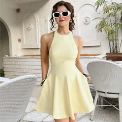 LBSFY -Versatile Halter Neck Backless Short Dress New A-line Zipper Solid Color Yellow Party Dress Fashion Vestidos Woman Clothing