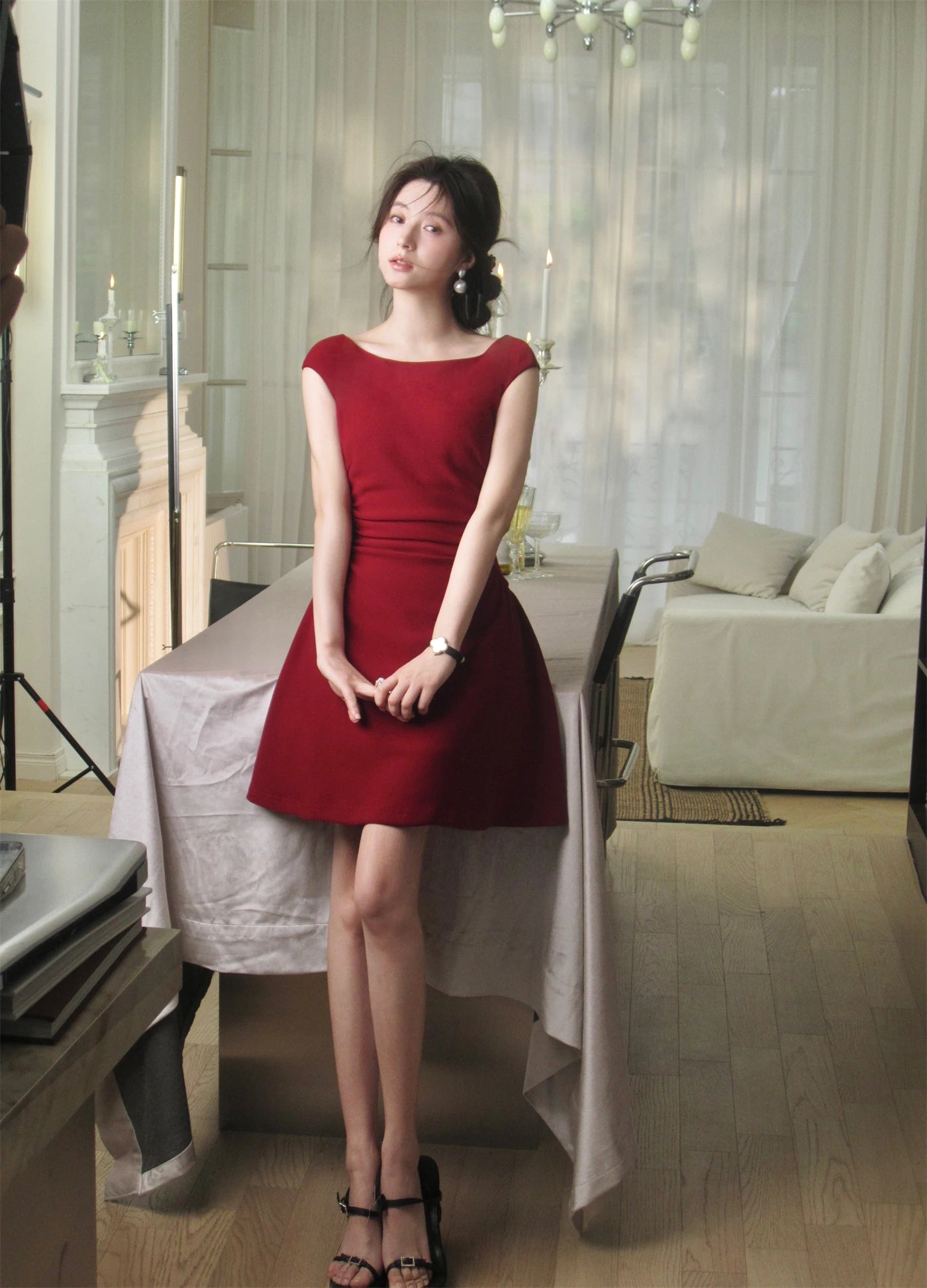 LBSFY -French Vintage Slim Women's Dresses Summer Elegant Slash-Neck A-Line Folds Design Shoulder Wrap New Dresses Party Evening 2025