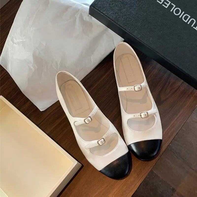 LBSFY  -  Designer Round Toe Mary Janes Women Buckle Ballets Shoes Ladies Mixe Color Ballerina Flats Party Wedding Loafers Shoes