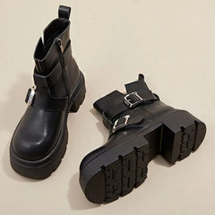 LBSFY  -  British Cow Leather Metal Buckle Women's Ankle Boots Designer Casual Shoes for Women Fashion Spring Autumn Platform Boots Female