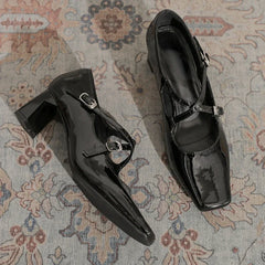 LBSFY  -  Square Toe Heeled Mary Jane Shoes Patent Leather Shallow Retro Chunky Women Shoes Cross Thin Strip Fashion Elegant Pumps Women