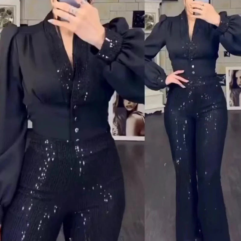 LBSFY  -  Casual Winter Women Two Piece Long Sleeve Sequins Trouser Commuter Set Ladies Stitching Sequins Blouse Top&High Waist Pants Suit