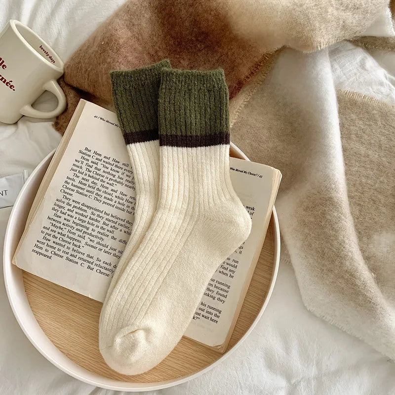 Lbsfy Wool Winter Thick Warm Cute Socks Cotton Korean Wool Stripe Designer Socks Middle Tube Kawaii Casual Harajuku Women Socks