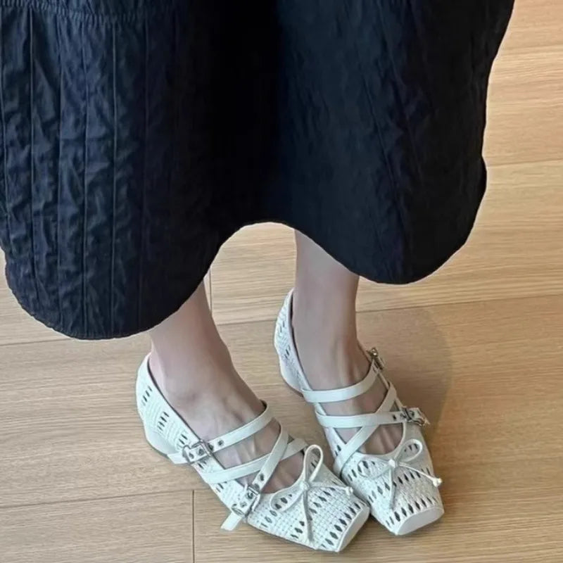 LBSFY -Square Toe, Thick Heel High Heels, Butterfly Bow, Mary Jane Shoes, Women's Hollow Out, Breathable, Mid Heel, High-heeled Sandals