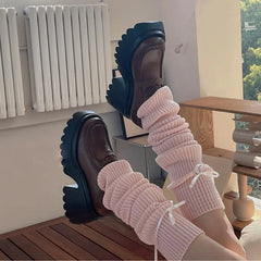 Lbsfy Japanese Knitted Leg Cover Knee Tube JK Bow Over Pile Socks Korean Warm Socks Ballet Style Leg Warmer Casual Long Leg Socks