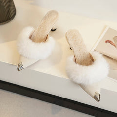 LBSFY -New Style Women's Warm Plush Pointed Toe High Heel Winter Mules Slipper Fashion Design Thin Heels Flip Flops Pumps Zapatos Mujer